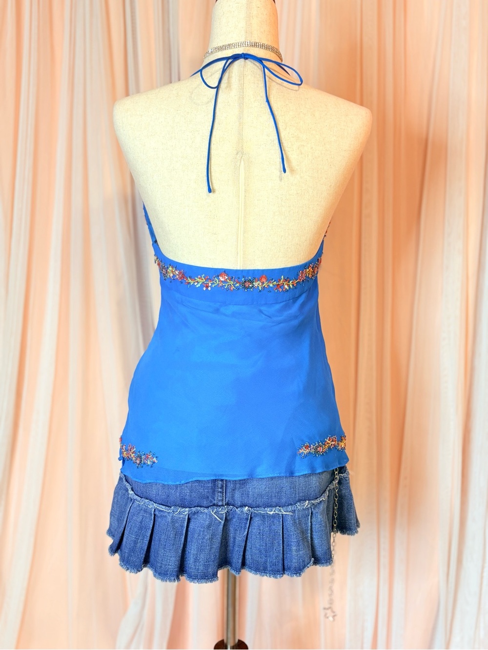 Caché 100% Silk Beaded Cami Tank Top Blue Y2K Fairy Boho Embellished Size 8 - Picture 6 of 14